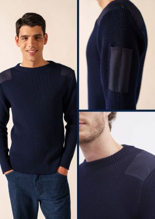 CONDOR II  Pull militaire  en laine vierge à empiècements en toile |Saint James